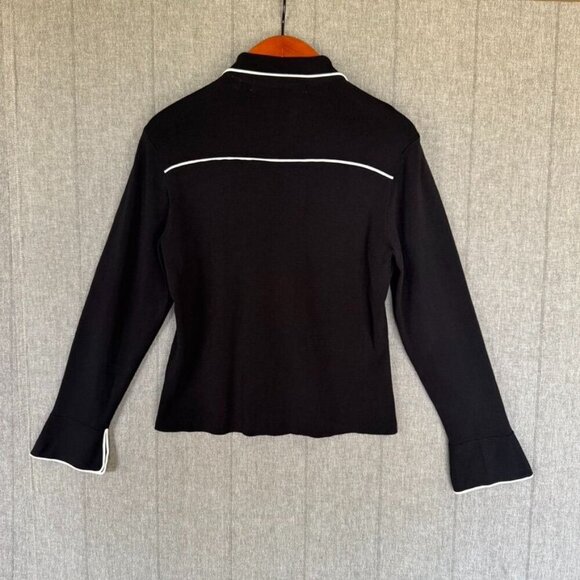 90s Vintage Max Studio Black Stretch Knit w/ White Piping Button Front Shirt - Picture 5 of 13